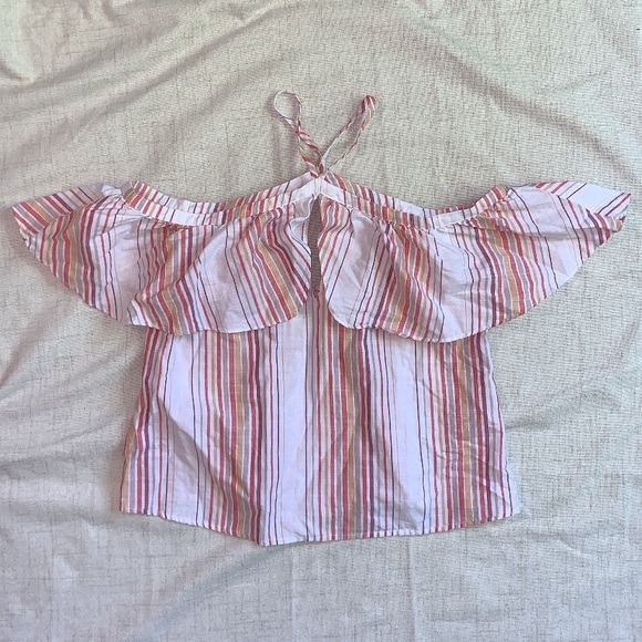 Express Off the Shoulder White Top with Stripes (XS) - Picture 1 of 4